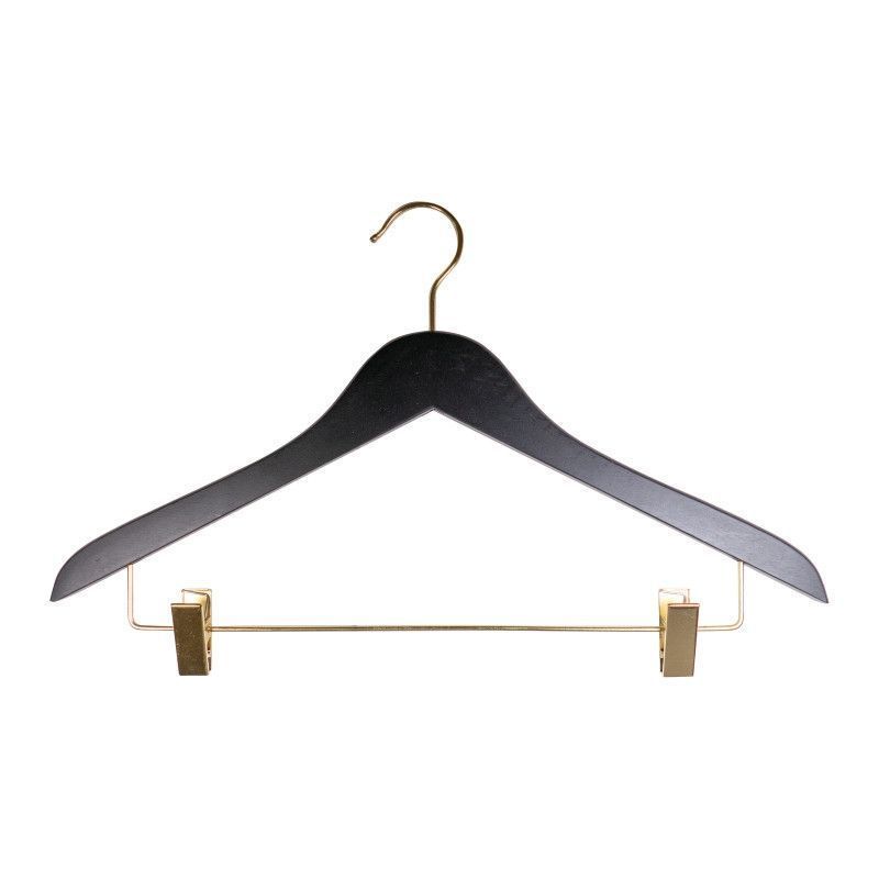 50 black Wooden hanger 44 cm with golden Clips : Cintres magasin