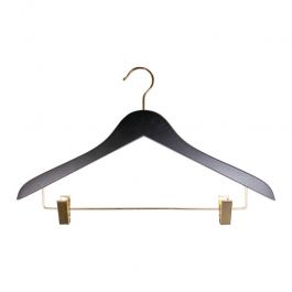 WHOLESALE HANGERS - PROMOTIONS WOODEN HANGERS : 50 black wooden hanger 44 cm with golden clips