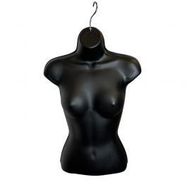 FEMALE MANNEQUIN BUST - PLASTIC BUSTS : Black female mannequin bust with hook