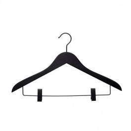 JUST ARRIVED : 10 black hanger in wood with clips 44 cm